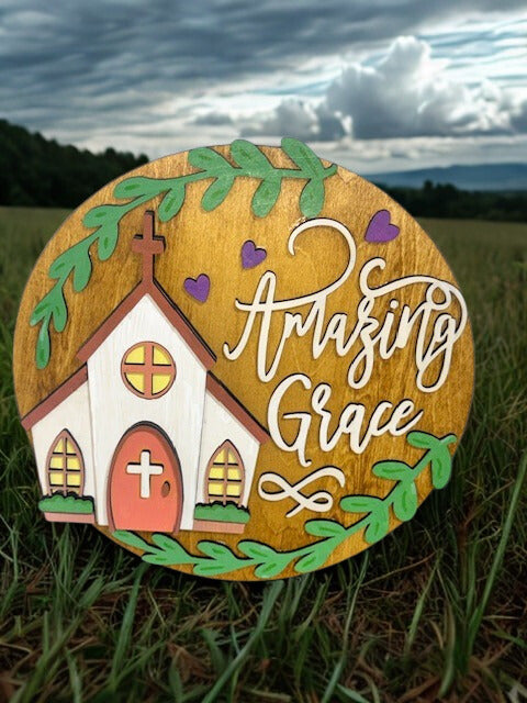 Amazing Grace 8.5 Inch Round Hanging Sign with Church Illustration, Inspirational Faith Decor, Christian Wall Art, Gift for Spiritual Home