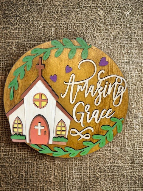 Amazing Grace 8.5 Inch Round Hanging Sign with Church Illustration, Inspirational Faith Decor, Christian Wall Art, Gift for Spiritual Home