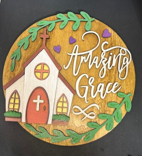 Amazing Grace 8.5 Inch Round Hanging Sign with Church Illustration, Inspirational Faith Decor, Christian Wall Art, Gift for Spiritual Home