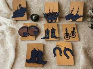 6 Pair Denim on Wood Western Themed Earrings