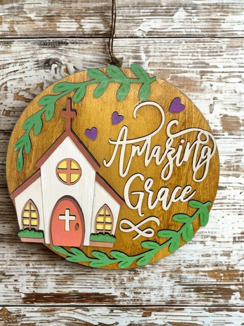 Amazing Grace 8.5 Inch Round Hanging Sign with Church Illustration, Inspirational Faith Decor, Christian Wall Art, Gift for Spiritual Home