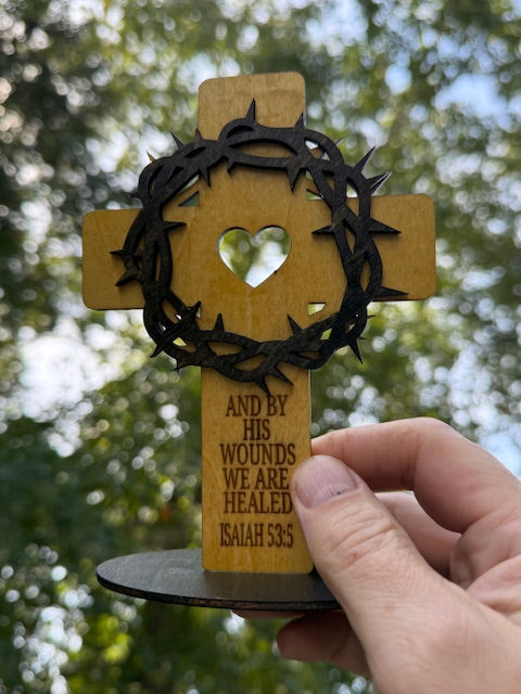 Wooden Cross with Crown of Thorns on Stand
