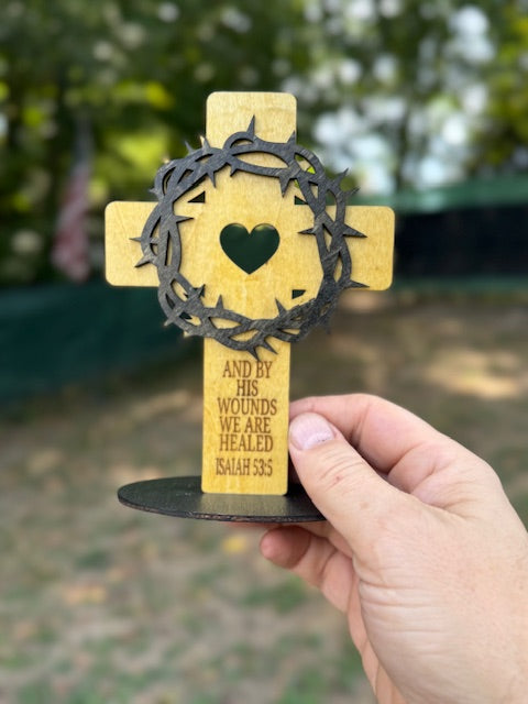 Wooden Cross with Crown of Thorns on Stand