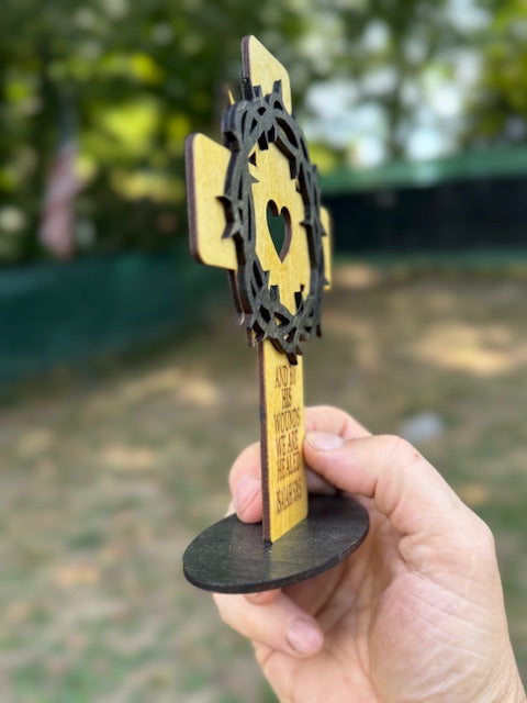 Wooden Cross with Crown of Thorns on Stand