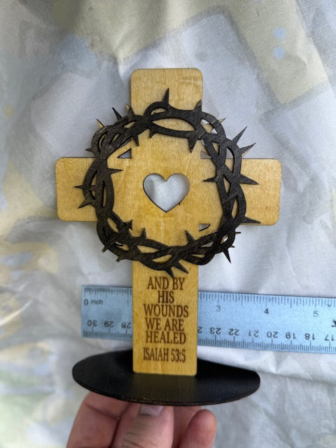 Wooden Cross with Crown of Thorns on Stand