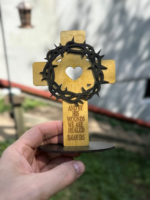 Wooden Cross with Crown of Thorns on Stand