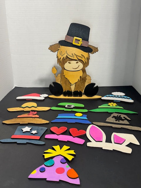 Highland Cow Figurine with Interchangeable Hats