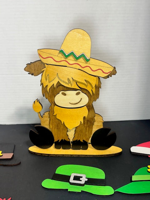 Highland Cow Figurine with Interchangeable Hats
