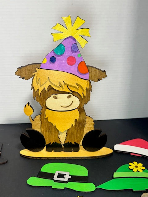 Highland Cow Figurine with Interchangeable Hats