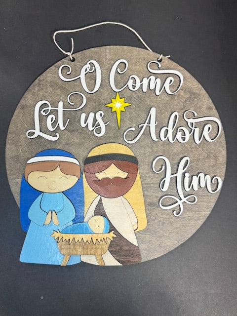 Come Let us Adore Him Rustic Christmas Sign | Wooden Nativity Wall Art | Holiday Circle Decor with Mary, Joseph, Baby Jesus