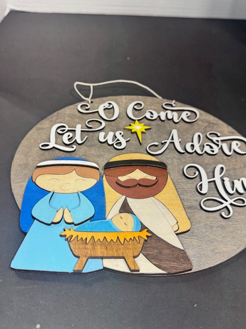 Come Let us Adore Him Rustic Christmas Sign | Wooden Nativity Wall Art | Holiday Circle Decor with Mary, Joseph, Baby Jesus