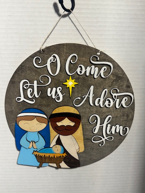 Come Let us Adore Him Rustic Christmas Sign | Wooden Nativity Wall Art | Holiday Circle Decor with Mary, Joseph, Baby Jesus