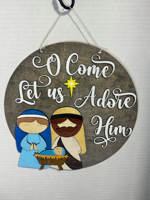 Come Let us Adore Him Rustic Christmas Sign | Wooden Nativity Wall Art | Holiday Circle Decor with Mary, Joseph, Baby Jesus