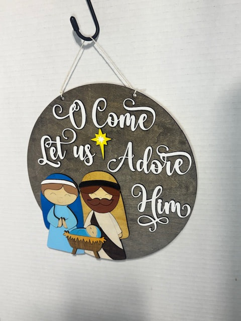 Come Let us Adore Him Rustic Christmas Sign | Wooden Nativity Wall Art | Holiday Circle Decor with Mary, Joseph, Baby Jesus